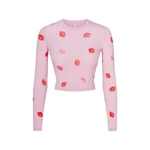 Pink Long Sleeve Top with Red Lip Print